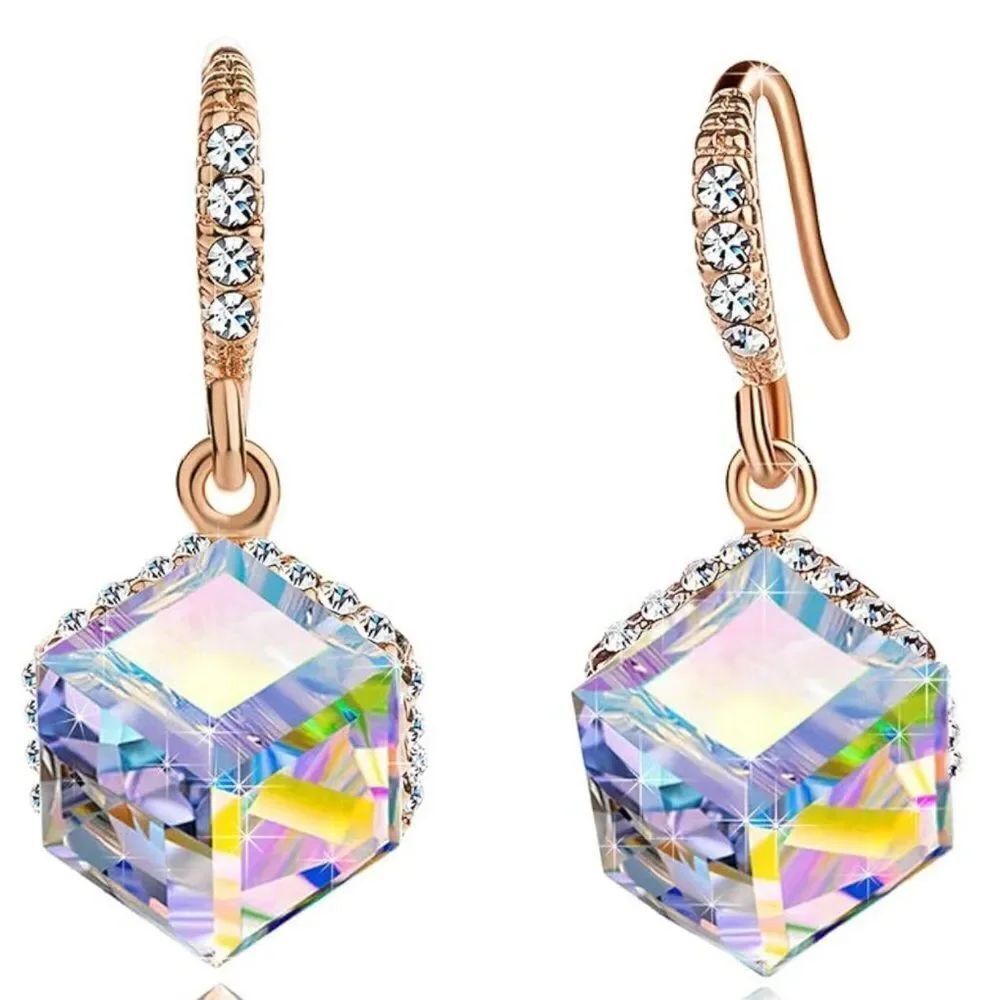 14K Rose Gold with Iridescent AB and Diamond Austrian Crystal Cube Hook Earrings